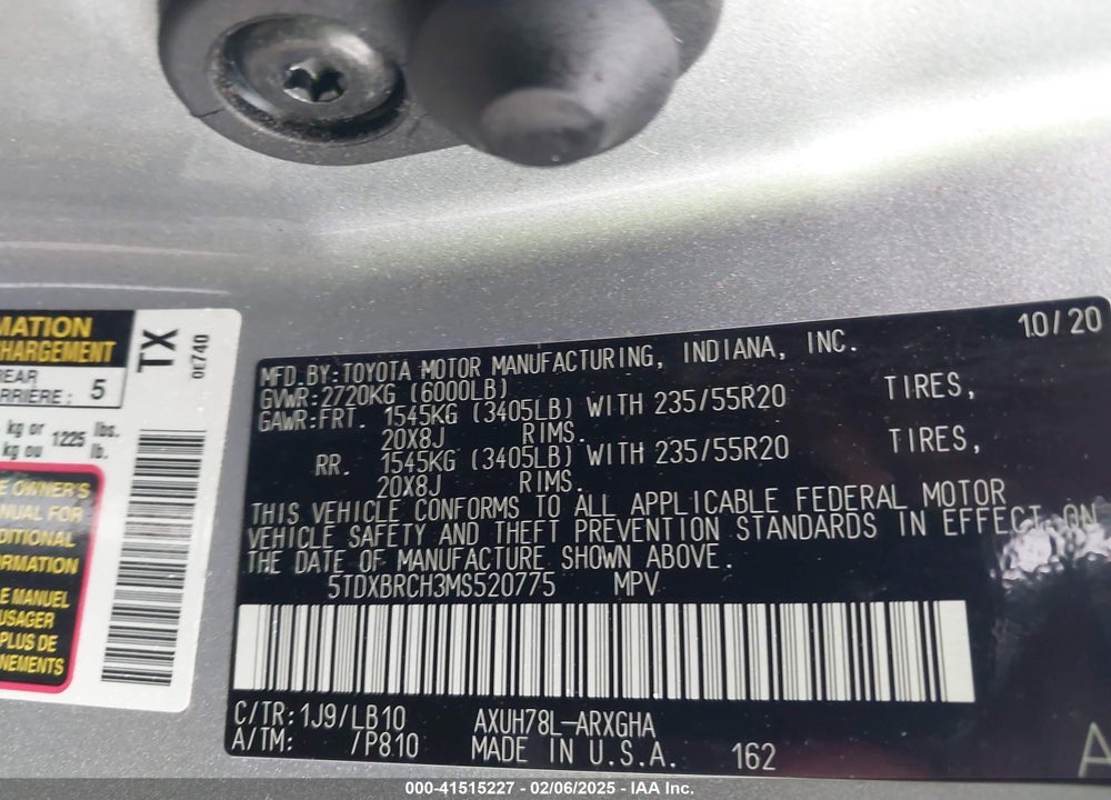 2021 TOYOTA HIGHLANDER HYBRID LIMITED VIN: 5TDXBRCH3MS520775