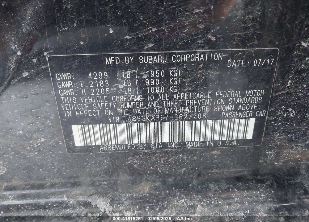 2017 SUBARU IMPREZA VIN: 4S3GKAB67H3627708