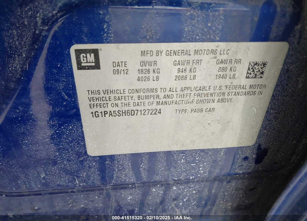2013 CHEVROLET CRUZE VIN: 1G1PA5SH6D7127224