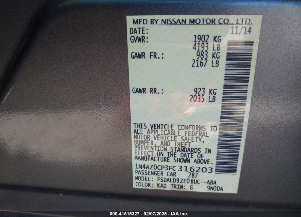 2015 NISSAN LEAF SV VIN: 1N4AZ0CP3FC316203