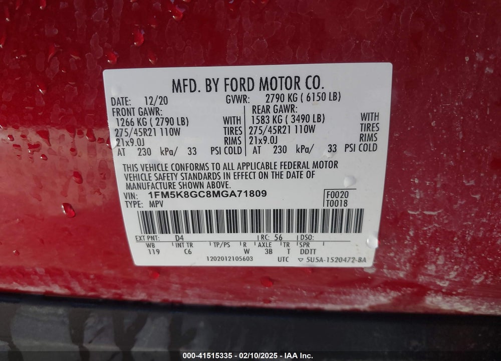 2021 FORD EXPLORER ST VIN: 1FM5K8GC8MGA71809