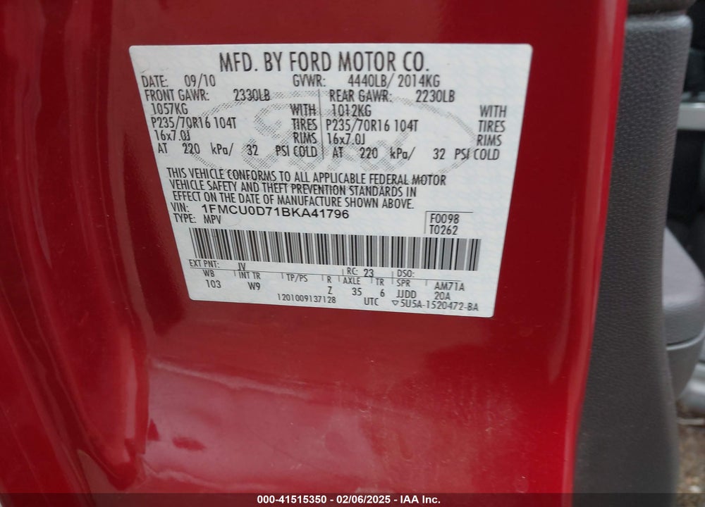 2011 FORD ESCAPE XLT VIN: 1FMCU0D71BKA41796
