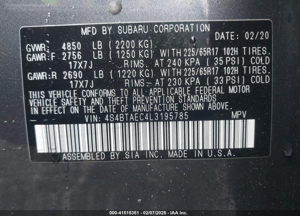 2020 SUBARU OUTBACK PREMIUM VIN: 4S4BTAEC4L3195785