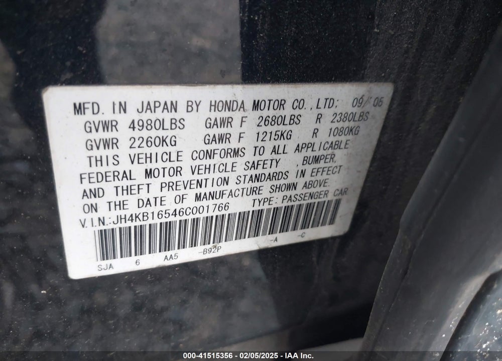 2006 ACURA RL 3.5 VIN: JH4KB16546C001766
