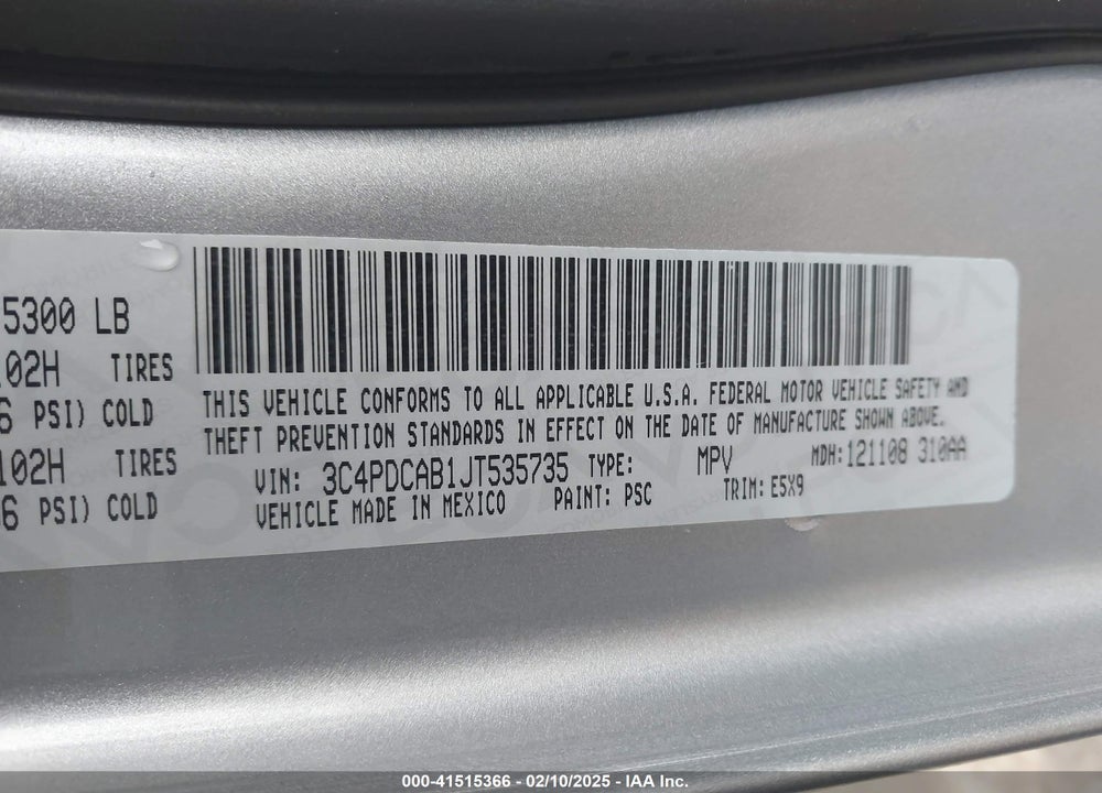 2018 DODGE JOURNEY VIN: 3C4PDCAB1JT535735