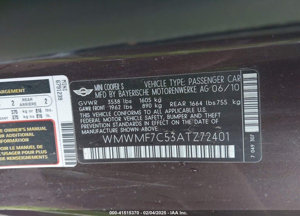 2010 MINI COOPER S VIN: WMWMF7C53ATZ72401