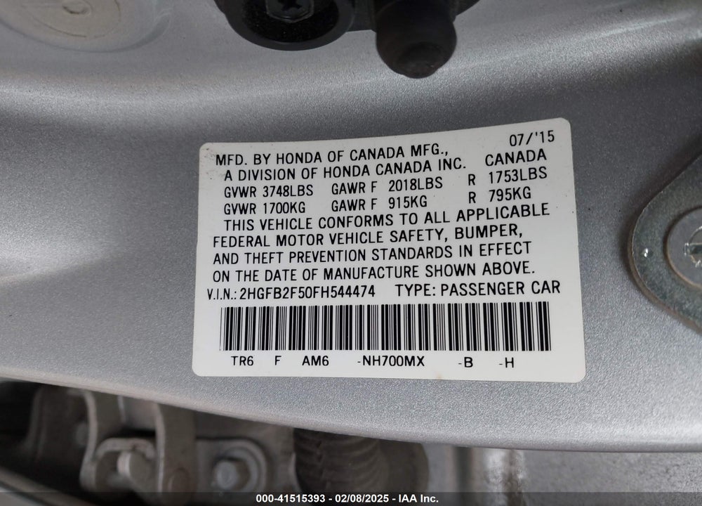 2015 HONDA CIVIC VIN: 2HGFB2F50FH544474