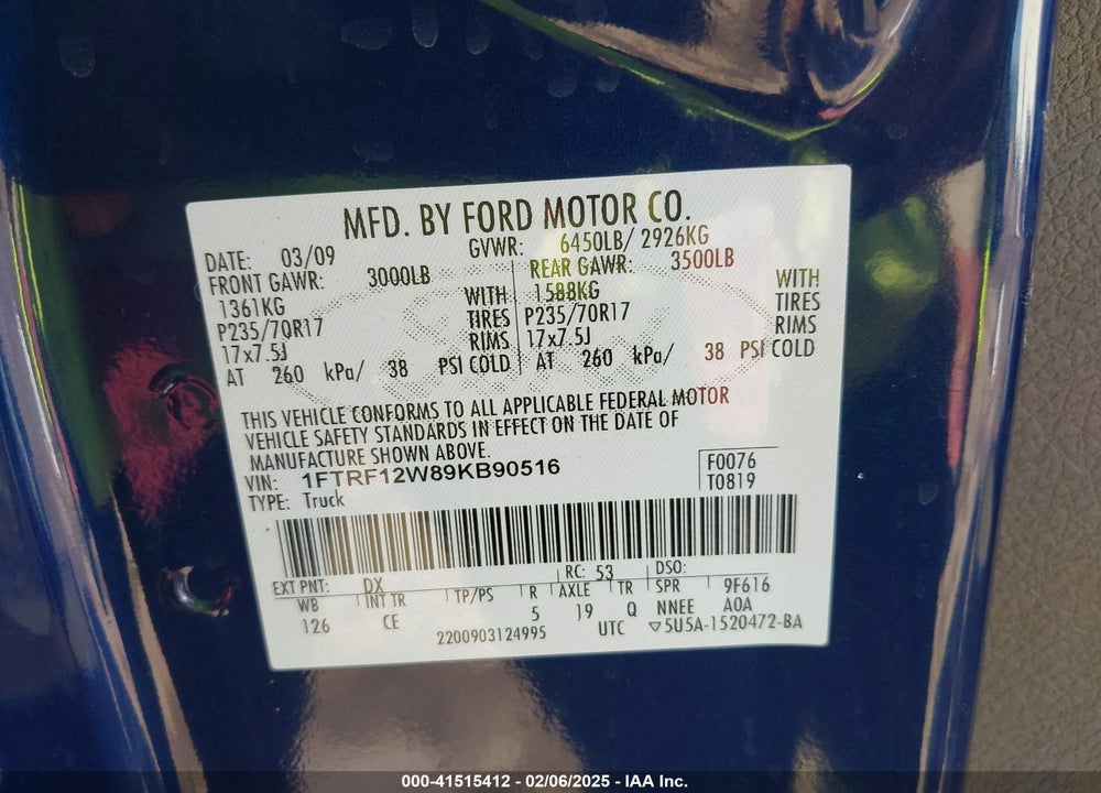 2009 FORD F-150 VIN: 1FTRF12W89KB90516
