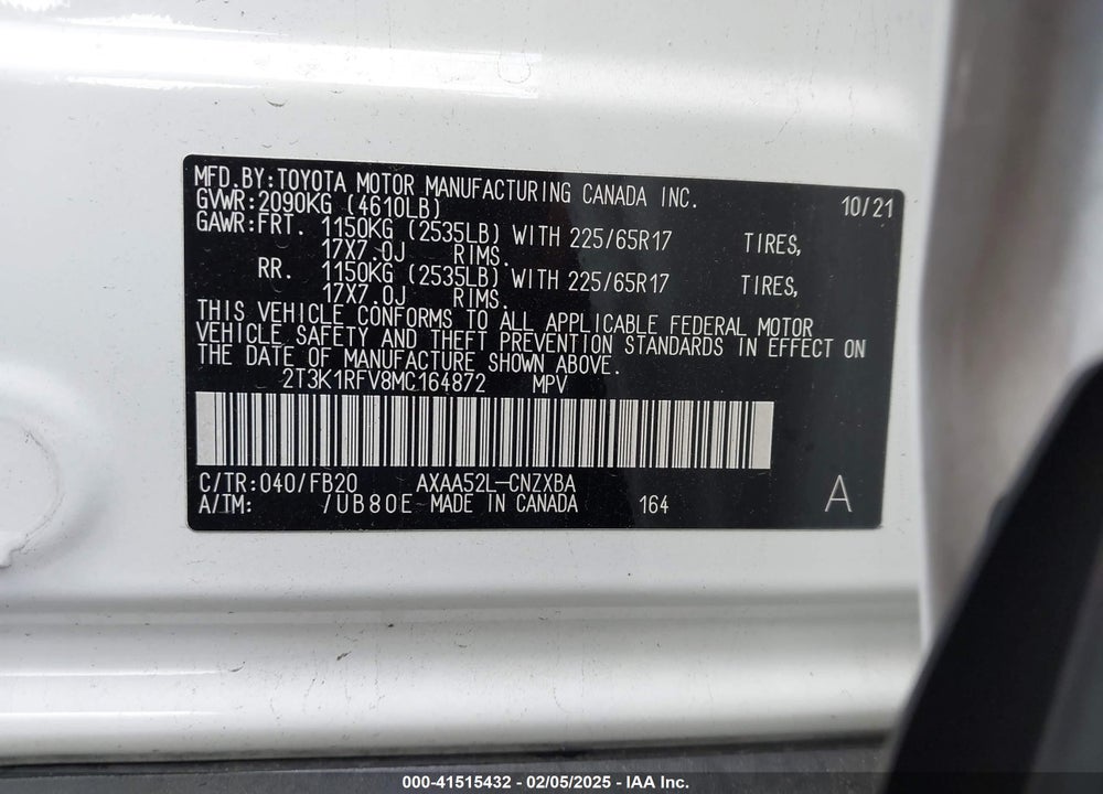 2021 TOYOTA RAV4 VIN: 2T3K1RFV8MC164872