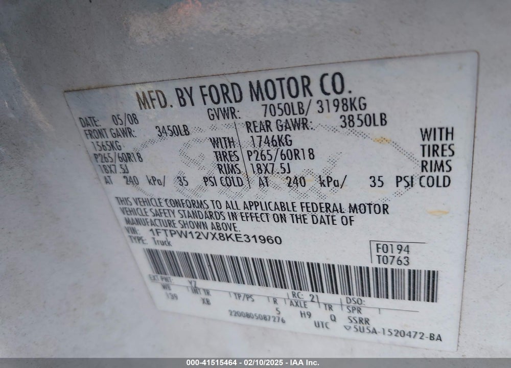 2008 FORD F-150 60TH ANNIVERSARY/FX2/KING RANCH/LARIAT/XLT VIN: 1FTPW12VX8KE31960