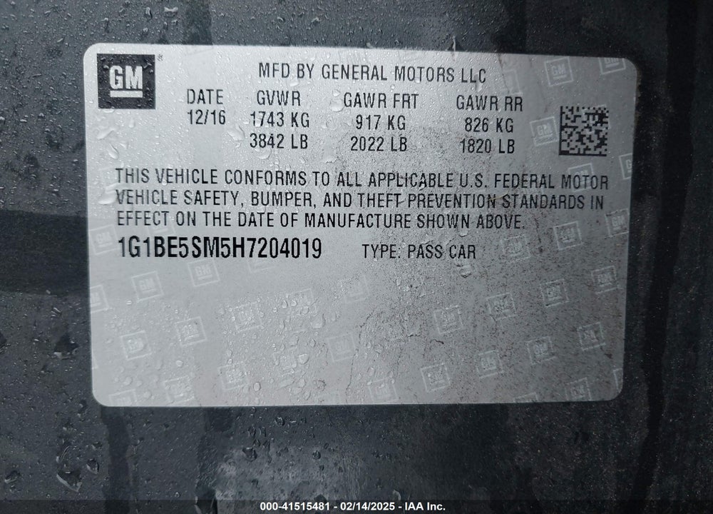 2017 CHEVROLET CRUZE VIN: 1G1BE5SM5H7204019
