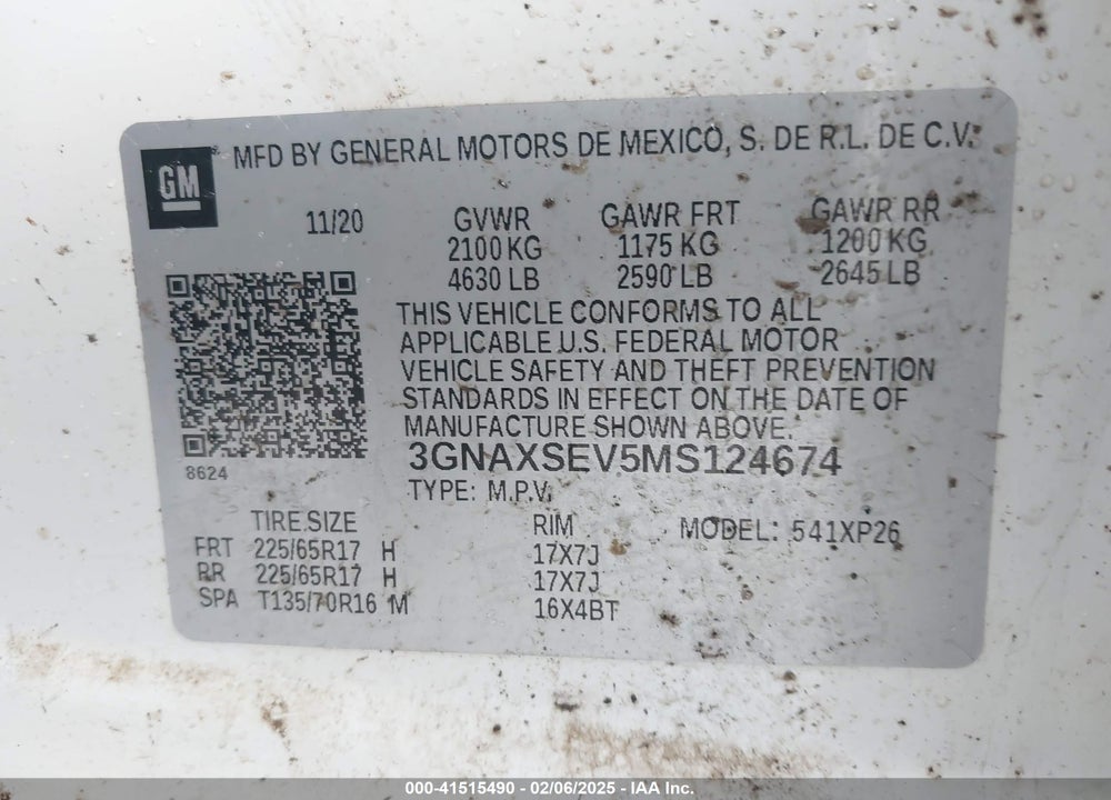 2021 CHEVROLET EQUINOX VIN: 3GNAXSEV5MS124674