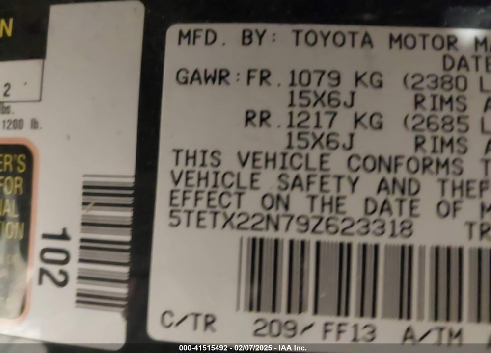 2009 TOYOTA TACOMA VIN: 5TETX22N79Z623318