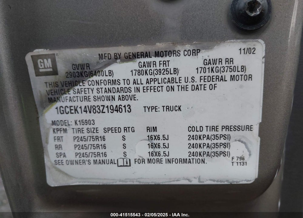 2003 CHEVROLET SILVERADO 1500 WORK TRUCK VIN: 1GCEK14V83Z194613