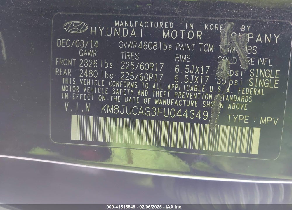 2015 HYUNDAI TUCSON SE VIN: KM8JUCAG3FU044349