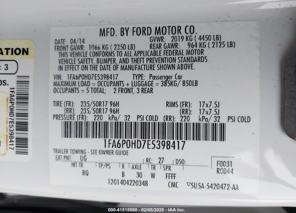 2014 FORD FUSION SE VIN: 1FA6P0HD7E5398417