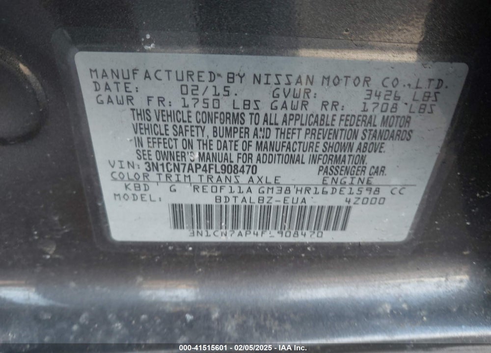 2015 NISSAN VERSA VIN: 3N1CN7AP4FL908470
