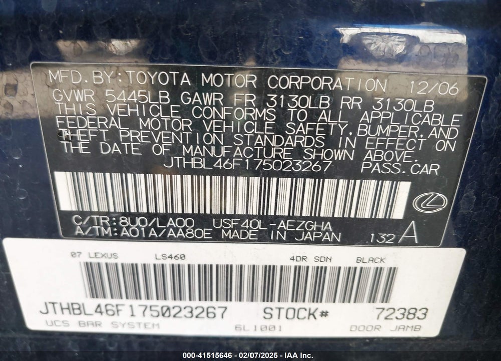 2007 LEXUS LS 460 VIN: JTHBL46F175023267