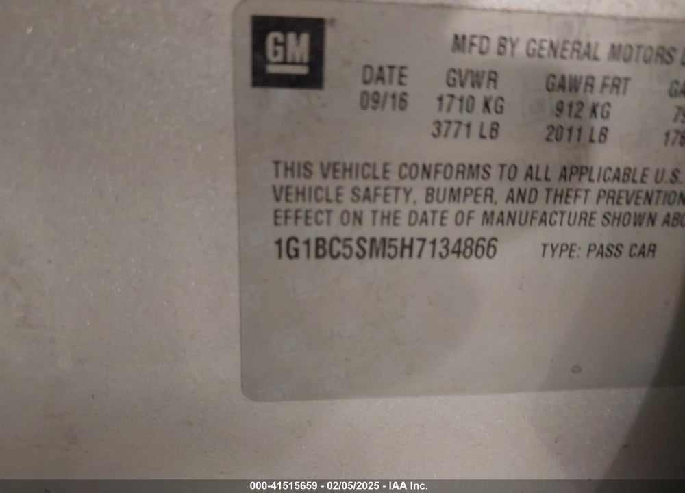 2017 CHEVROLET CRUZE LS AUTO VIN: 1G1BC5SM5H7134866