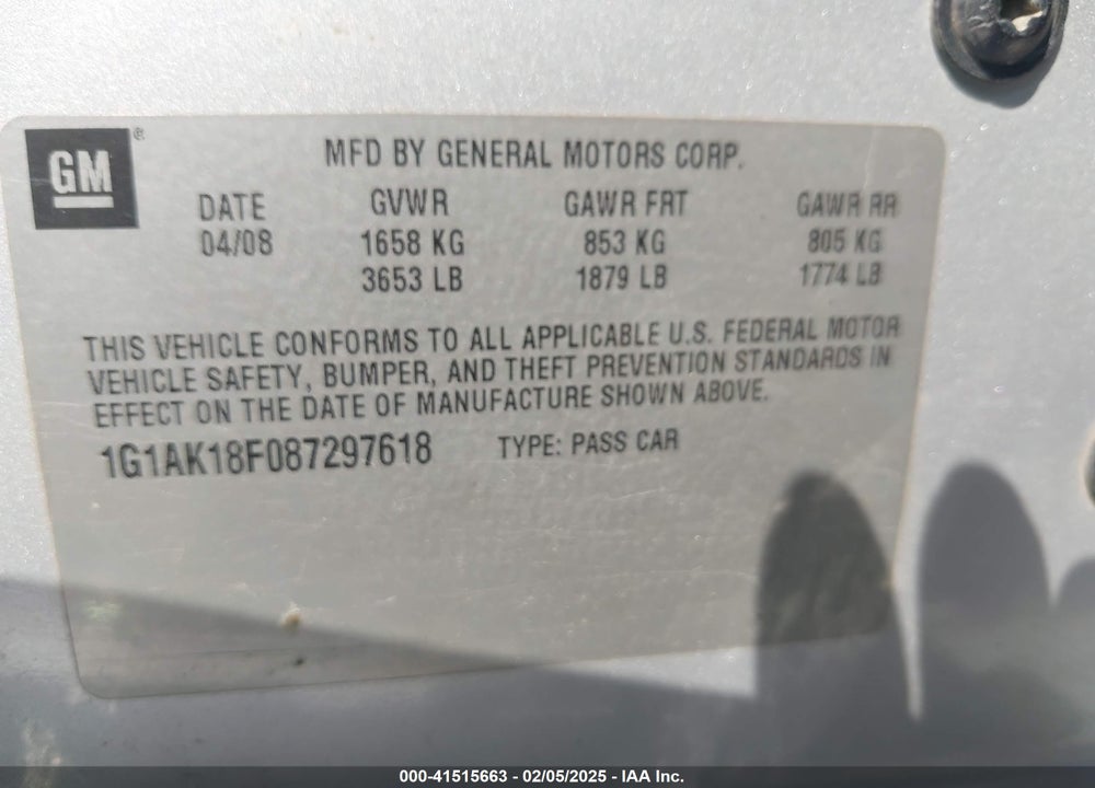 2008 CHEVROLET COBALT LS VIN: 1G1AK18F087297618