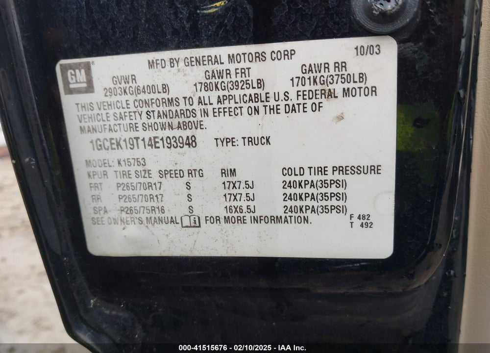 2004 CHEVROLET SILVERADO 1500 Z71 VIN: 1GCEK19T14E193948