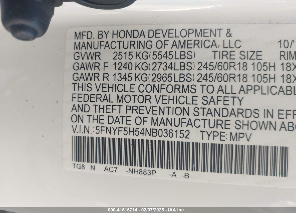 2022 HONDA PILOT 2WD EX-L VIN: 5FNYF5H54NB036152