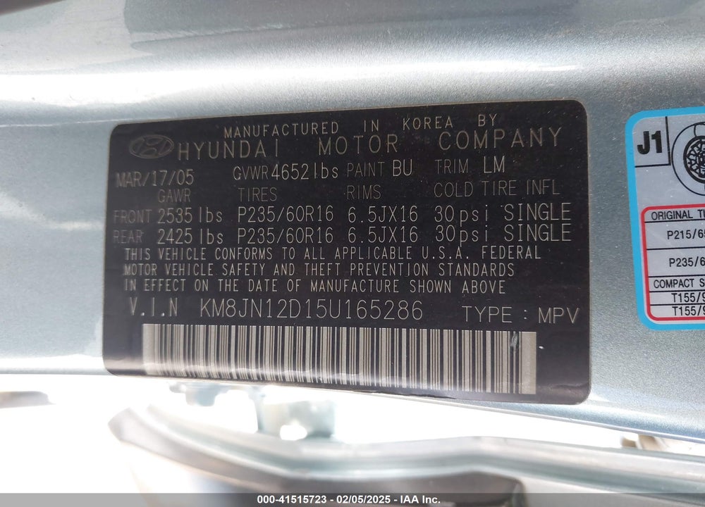 2005 HYUNDAI TUCSON GLS/LX VIN: KM8JN12D15U165286