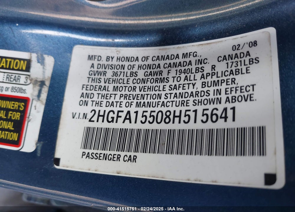 2008 HONDA CIVIC VIN: 2HGFA15508H515641