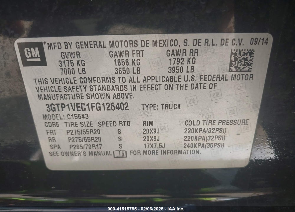 2015 GMC SIERRA 1500 VIN: 3GTP1VEC1FG126402