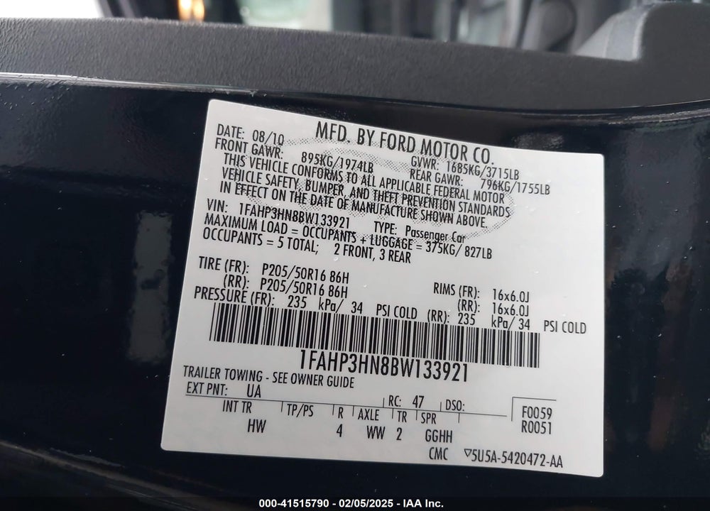 2011 FORD FOCUS VIN: 1FAHP3HN8BW133921