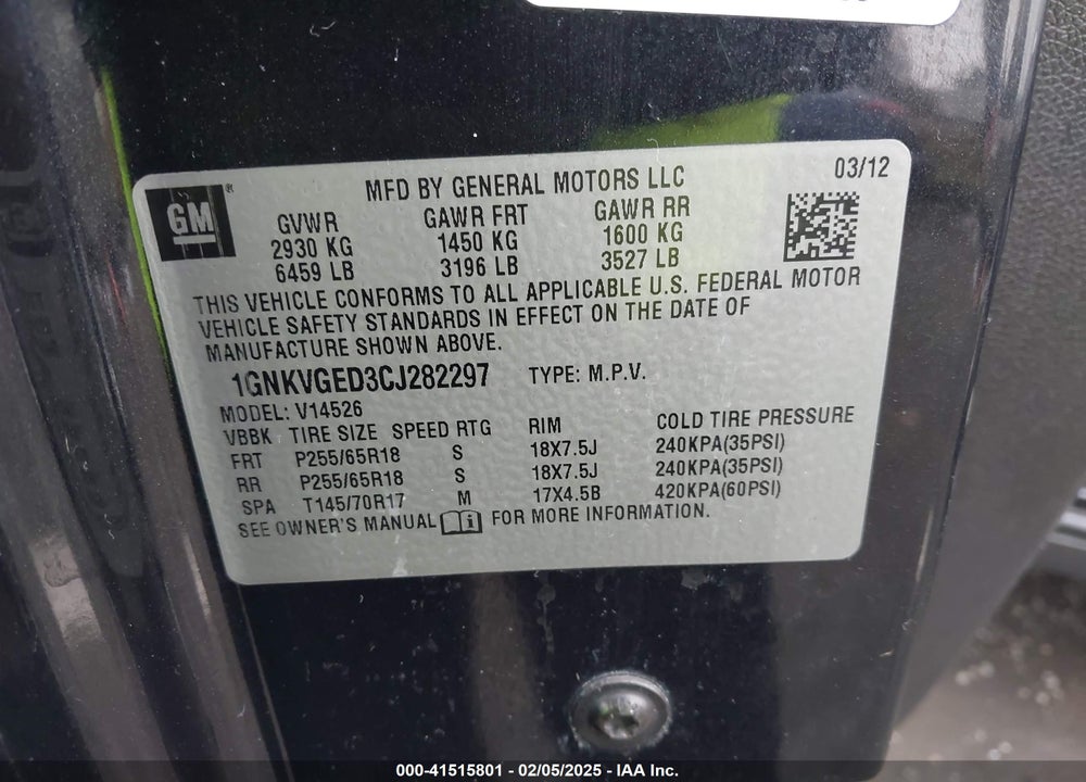 2012 CHEVROLET TRAVERSE 1LT VIN: 1GNKVGED3CJ282297