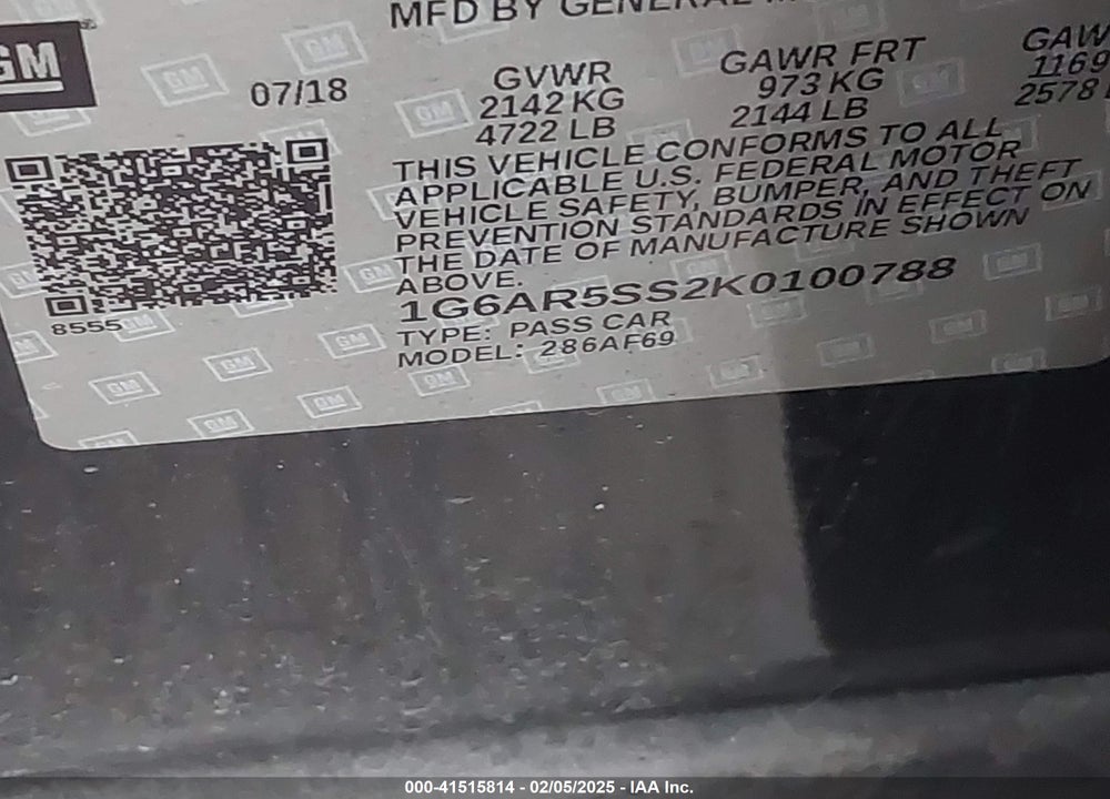 2019 CADILLAC CTS LUXURY VIN: 1G6AR5SS2K0100788
