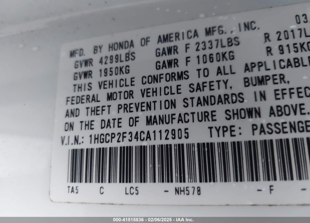 2012 HONDA ACCORD 2.4 LX VIN: 1HGCP2F34CA112905