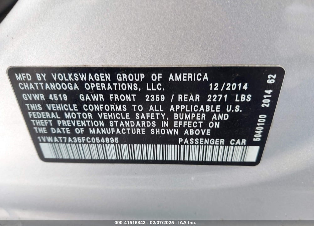 2015 VOLKSWAGEN PASSAT VIN: 1VWAT7A35FC054895