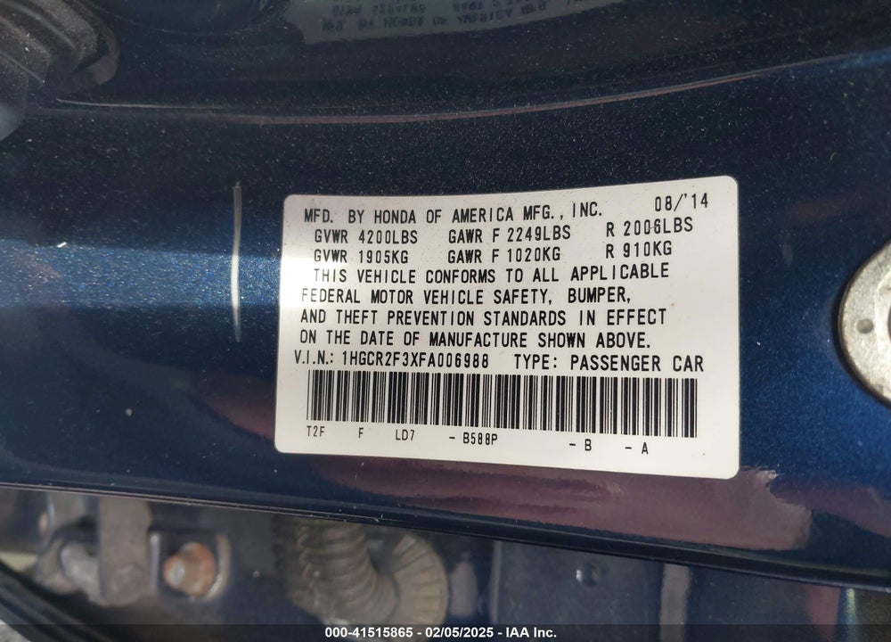 2015 HONDA ACCORD VIN: 1HGCR2F3XFA006988