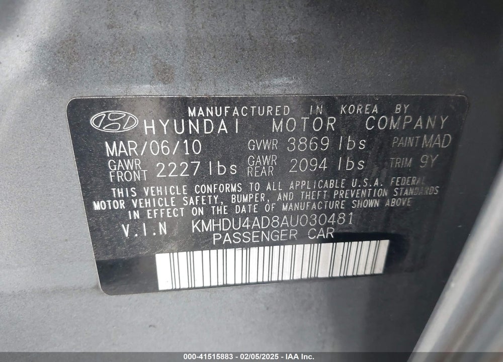 2010 HYUNDAI ELANTRA VIN: KMHDU4AD8AU030481