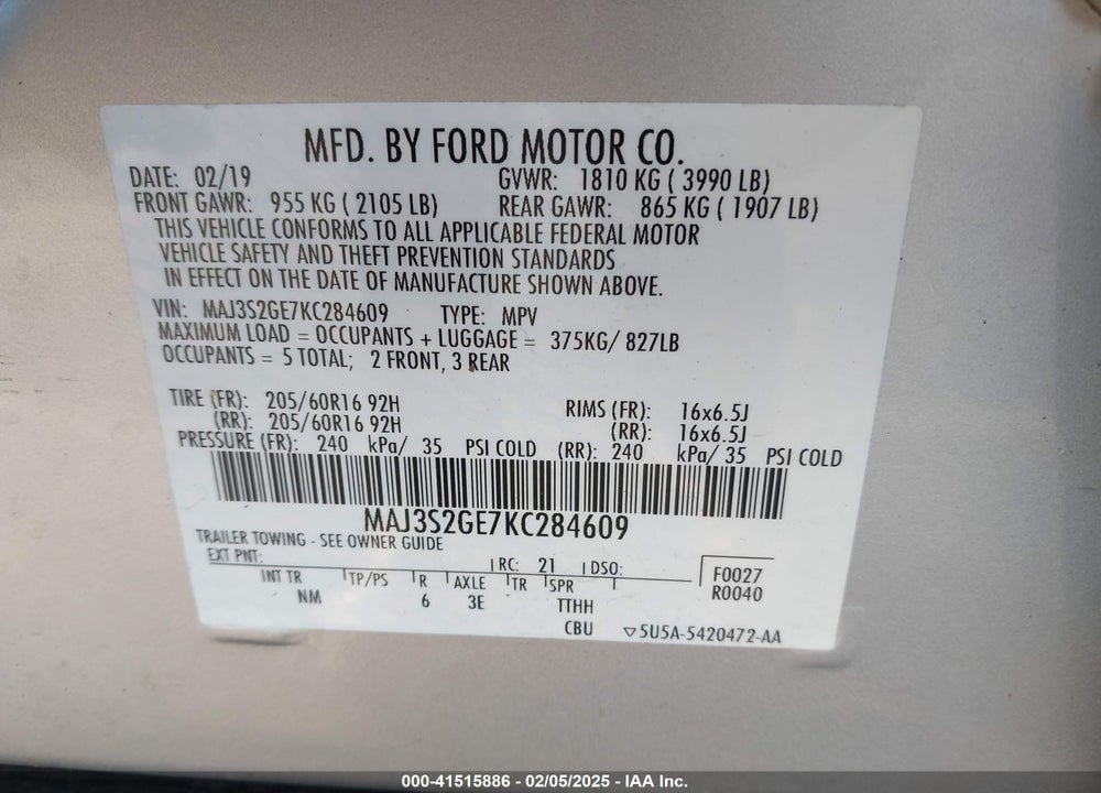 2019 FORD ECOSPORT SE VIN: MAJ3S2GE7KC284609