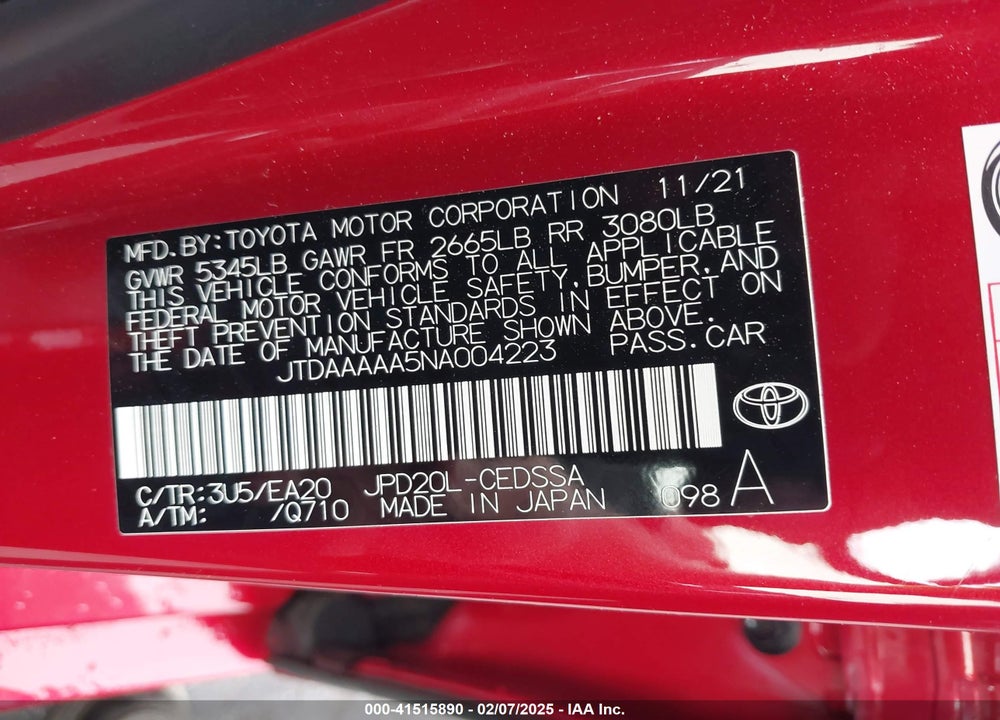2022 TOYOTA MIRAI VIN: JTDAAAAA5NA004223