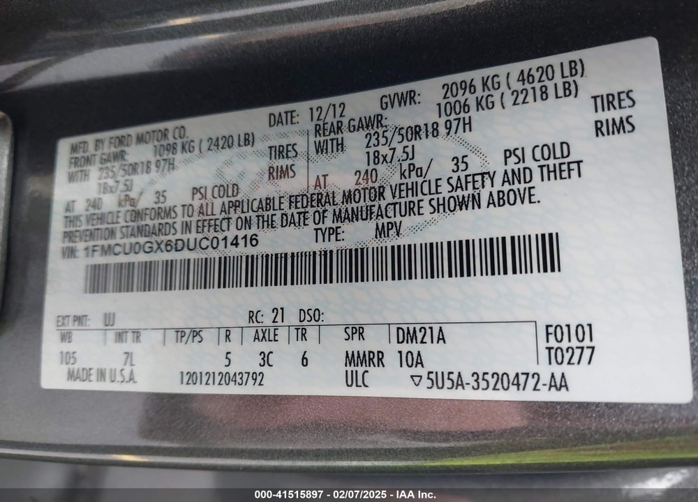 2013 FORD ESCAPE SE VIN: 1FMCU0GX6DUC01416