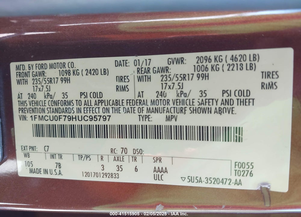 2017 FORD ESCAPE VIN: 1FMCU0F79HUC95797