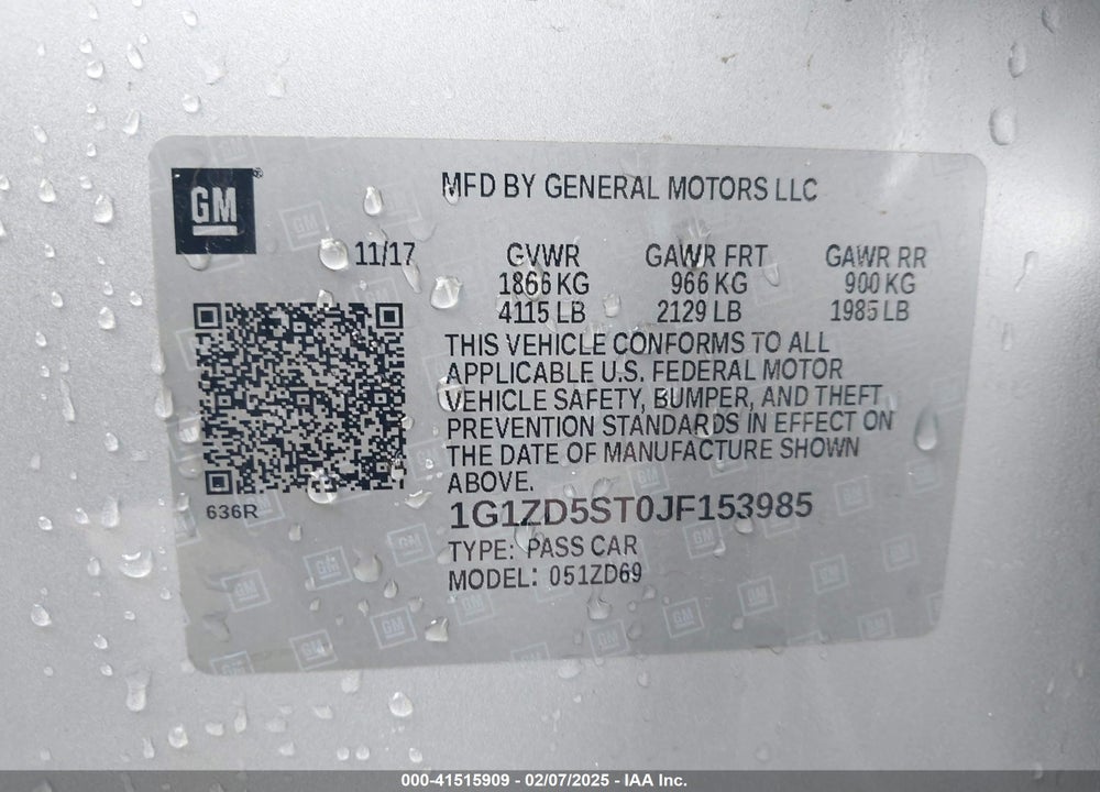 2018 CHEVROLET MALIBU VIN: 1G1ZD5ST0JF153985