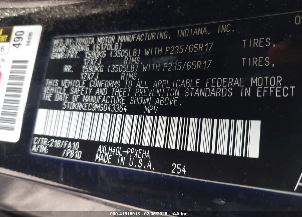 2021 TOYOTA SIENNA LE VIN: 5TDKRKEC9MS043364