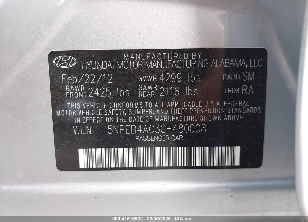2012 HYUNDAI SONATA VIN: 5NPEB4AC3CH480008