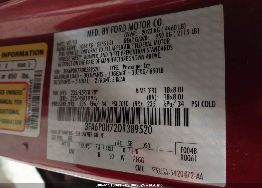 2013 FORD FUSION VIN: 3FA6P0H72DR389520