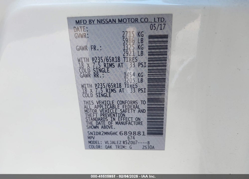 2017 NISSAN PATHFINDER VIN: 5N1DR2MN6HC689881