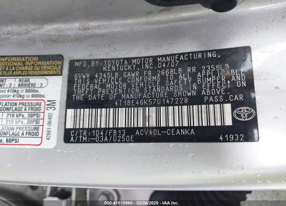 2007 TOYOTA CAMRY LE VIN: 4T1BE46K57U147228