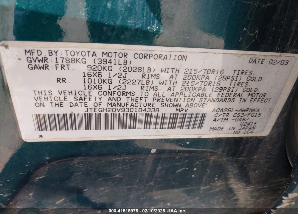 2003 TOYOTA RAV4 VIN: JTEGH20V930104338