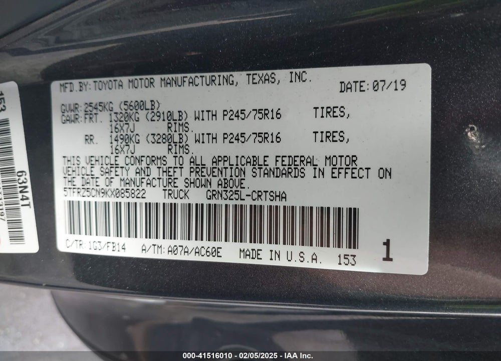 2019 TOYOTA TACOMA VIN: 5TFRZ5CN9KX085822