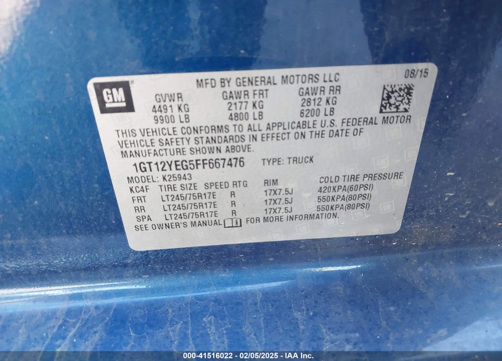 2015 GMC SIERRA 2500HD VIN: 1GT12YEG5FF667476