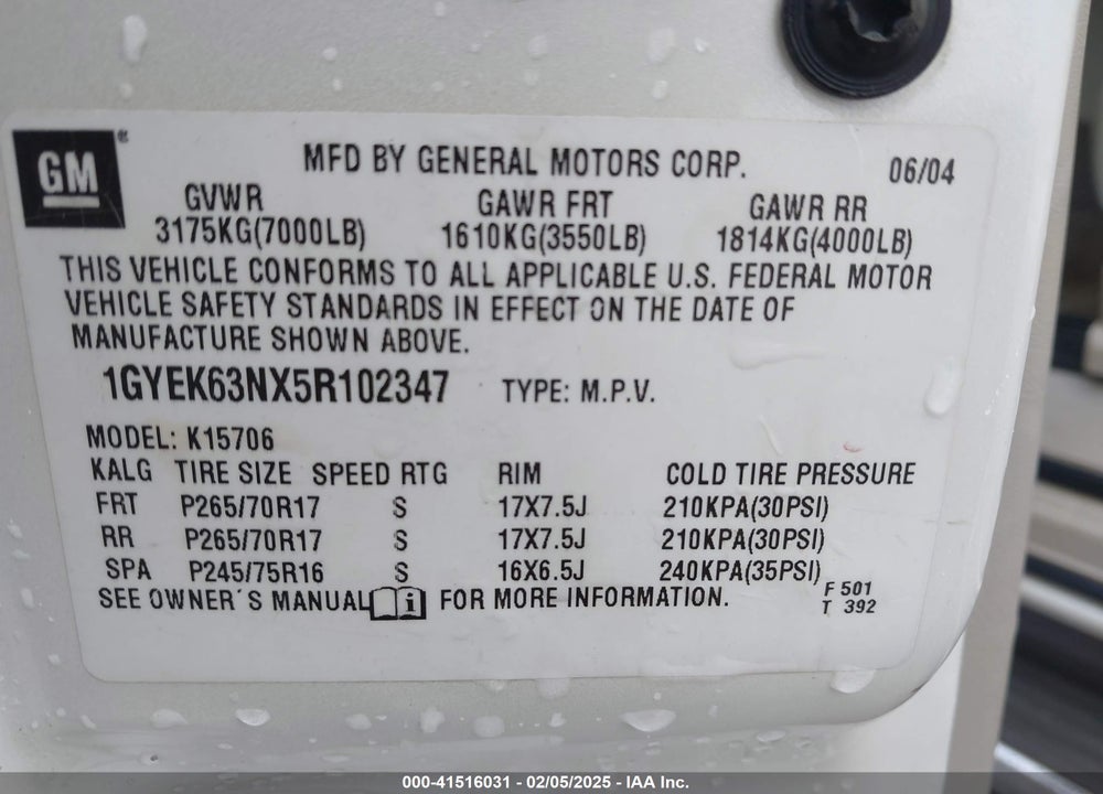 2005 CADILLAC ESCALADE STANDARD VIN: 1GYEK63NX5R102347
